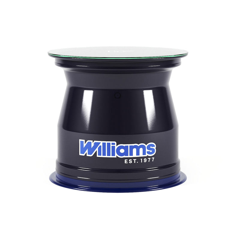 Atlassian Williams Racing rear wheel rim table crafted from an authentic Formula 1 wheel rim premium motorsport furniture