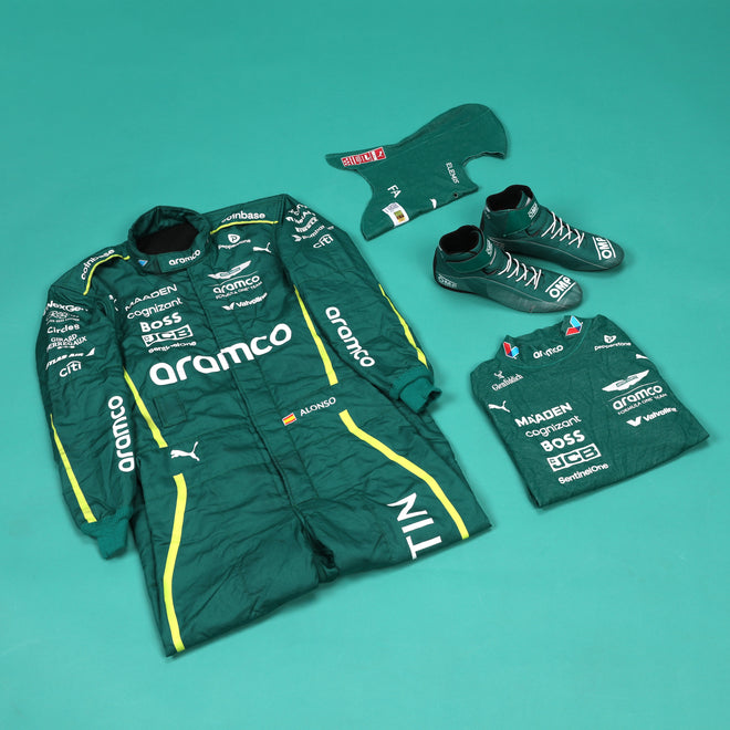 Fernando Alonso Un-Signed 2025 Aston Martin Aramco Formula One Team Suit / Nomex / Boots & Balaclava