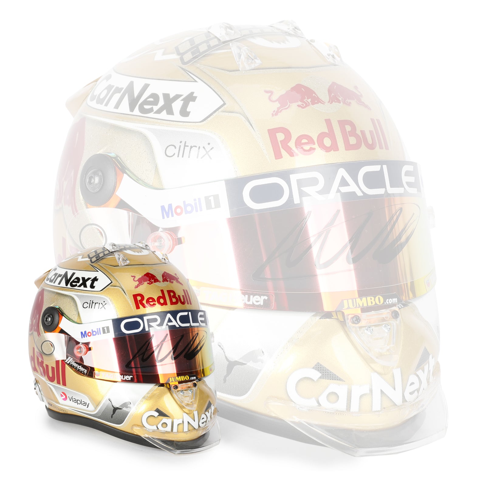 LOT 740 - Max Verstappen 2022 World Championship Signed 1.2 Scale Mini Helmet