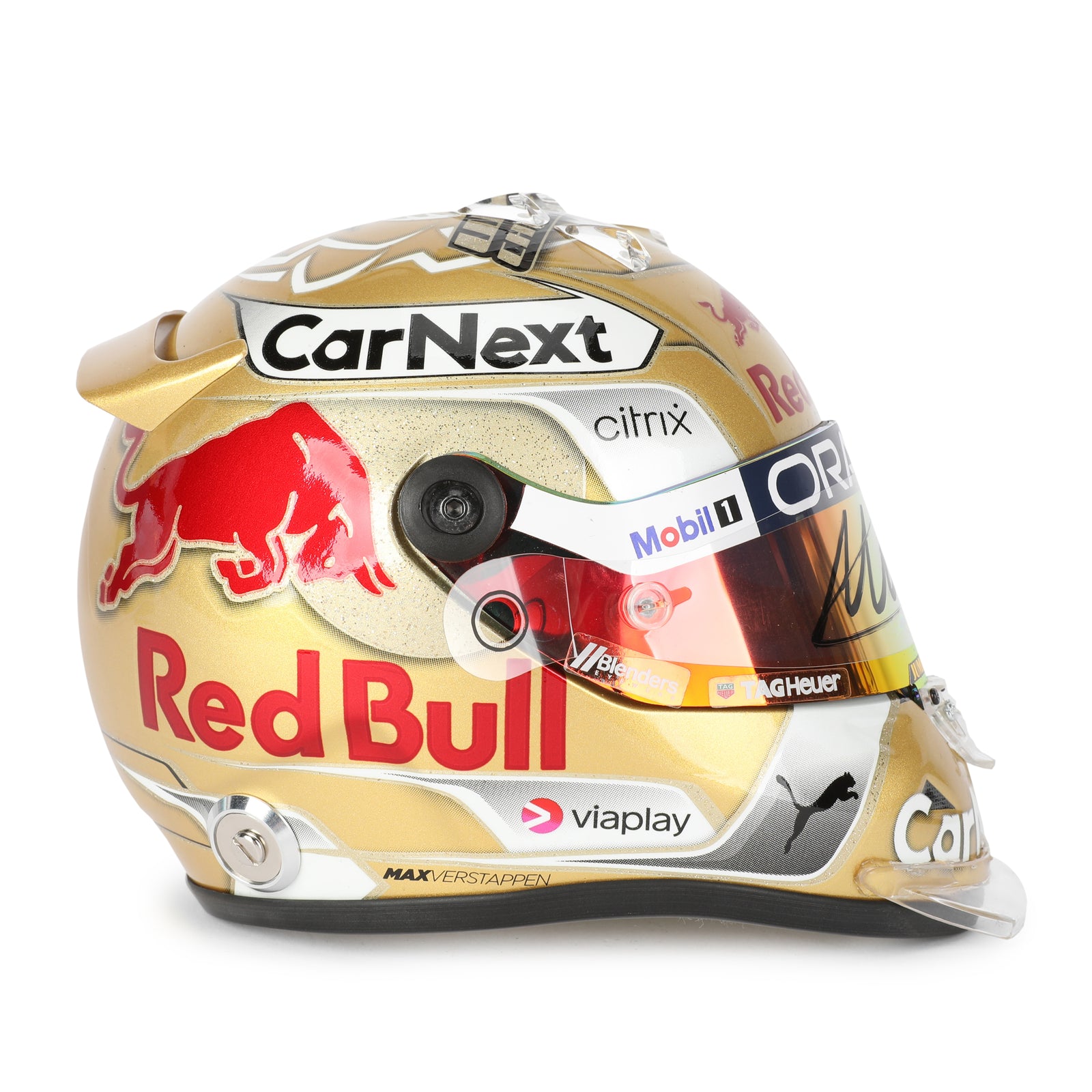 LOT 740 - Max Verstappen 2022 World Championship Signed 1.2 Scale Mini Helmet