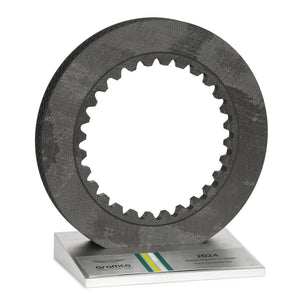 Aston Martin Aramco F1® Team brake disc on display, authentic Formula 1 engineering collectible and premium motorsport memorabilia for collector display