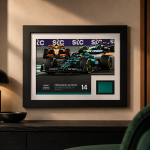 Authentic Limited Edition Fernando Alonso 2024 Aston Martin Aramco F1 Team Saudi Arabian Grand Prix bodywork with photo, genuine Formula 1 race-used memorabilia