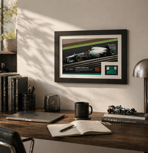Authentic Lewis Hamilton 2013 Hungarian Grand Prix 'First Win' bodywork with accompanying photo, genuine Formula 1 race-used memorabilia