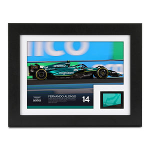 Limited Edition Fernando Alonso 2023 Saudi Arabian Grand Prix '100th Podium' race-used bodywork and photo, authentic Formula 1 collector display