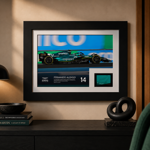 Authentic Fernando Alonso Limited Edition 2023 Saudi Arabian Grand Prix '100th Podium' bodywork with photo, genuine Formula 1 race-used memorabilia