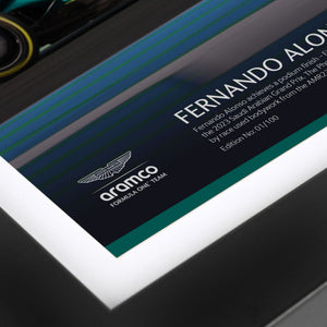 Limited Edition 2023 Fernando Alonso Saudi Arabian Grand Prix '100th Podium' authentic Formula 1 race-used bodywork with commemorative photo