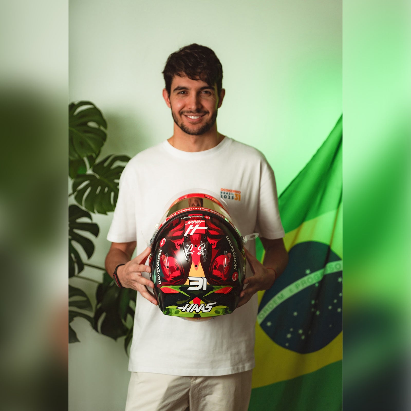 Esteban Ocon 2025 Race Used Haas F1 Team Helmet - Brazil GP
