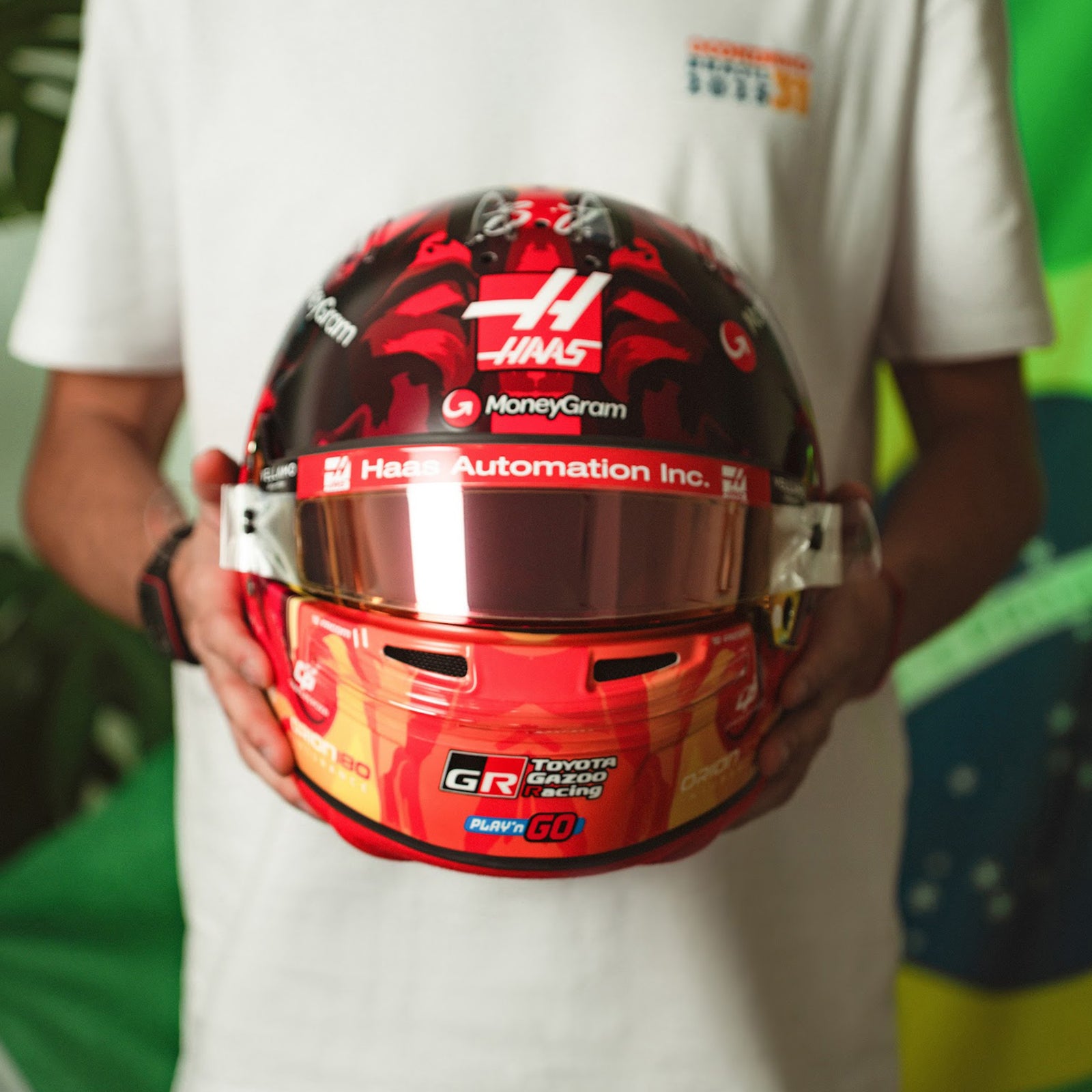 Esteban Ocon 2025 Race Used Haas F1 Team Helmet - Brazil GP