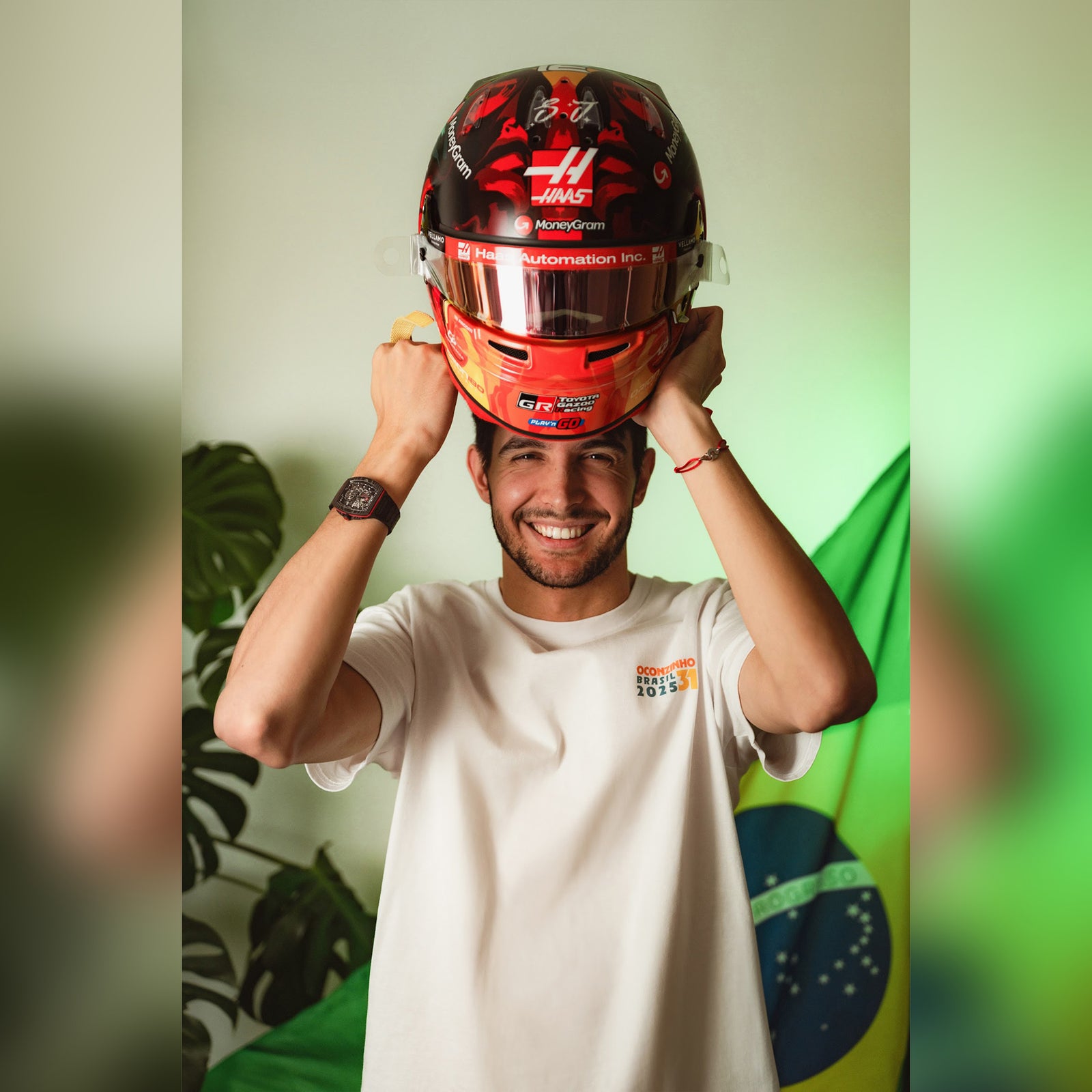 Esteban Ocon 2025 Race Used Haas F1 Team Helmet - Brazil GP