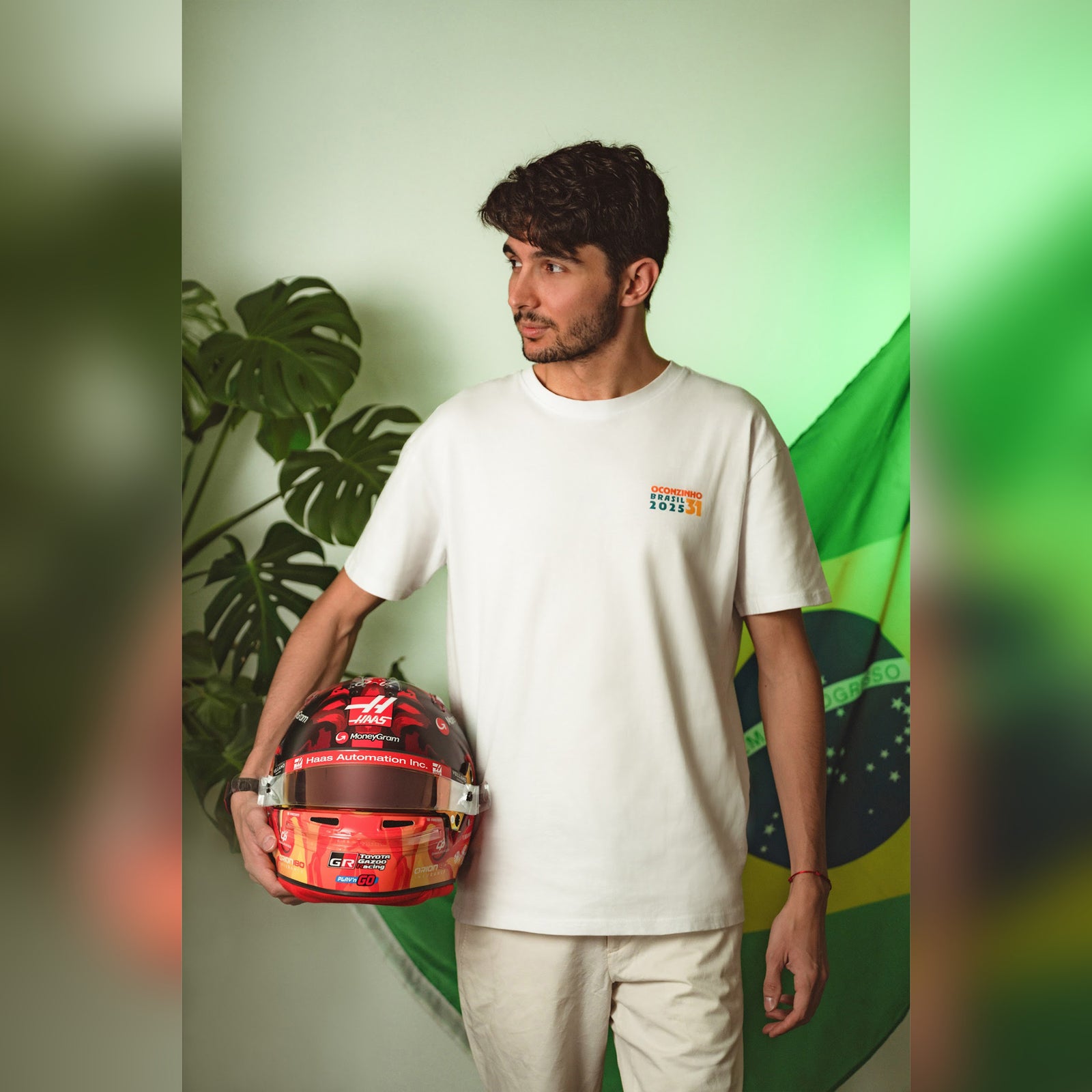 Esteban Ocon 2025 Race Used Haas F1 Team Helmet - Brazil GP