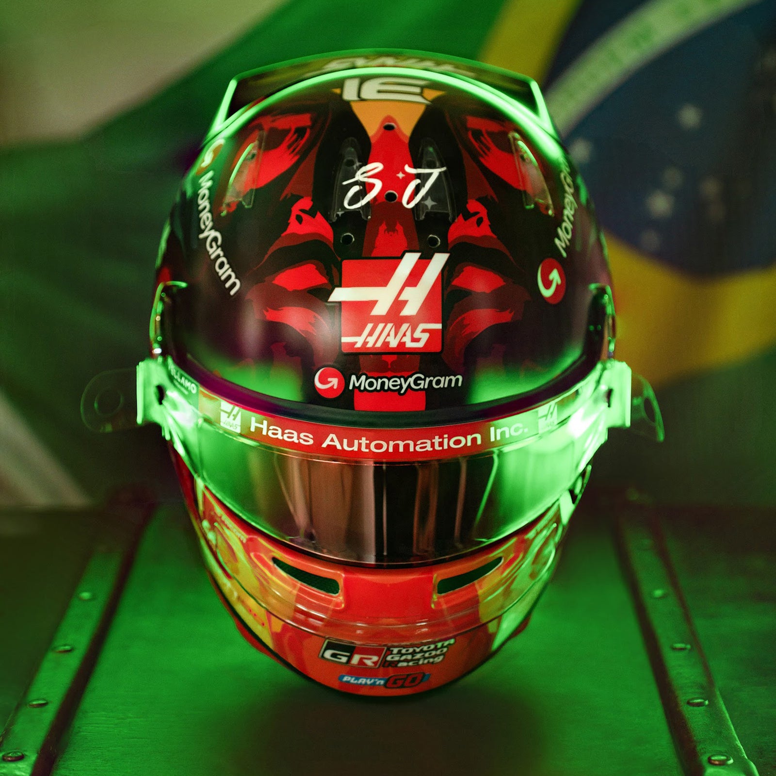 Esteban Ocon 2025 Race Used Haas F1 Team Helmet - Brazil GP