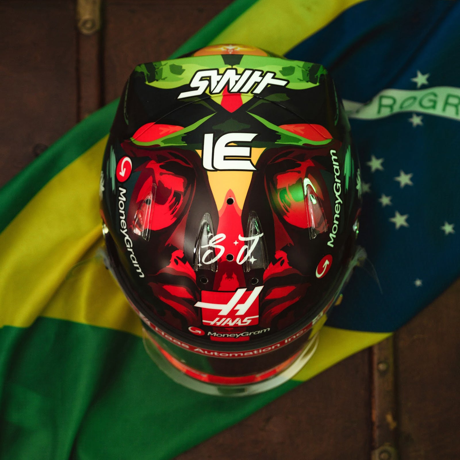 Esteban Ocon 2025 Race Used Haas F1 Team Helmet - Brazil GP
