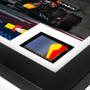 Close-up of Max Verstappen Replica 2025 Red Bull Racing Bodywork & Photo Formula 1 memorabilia detail