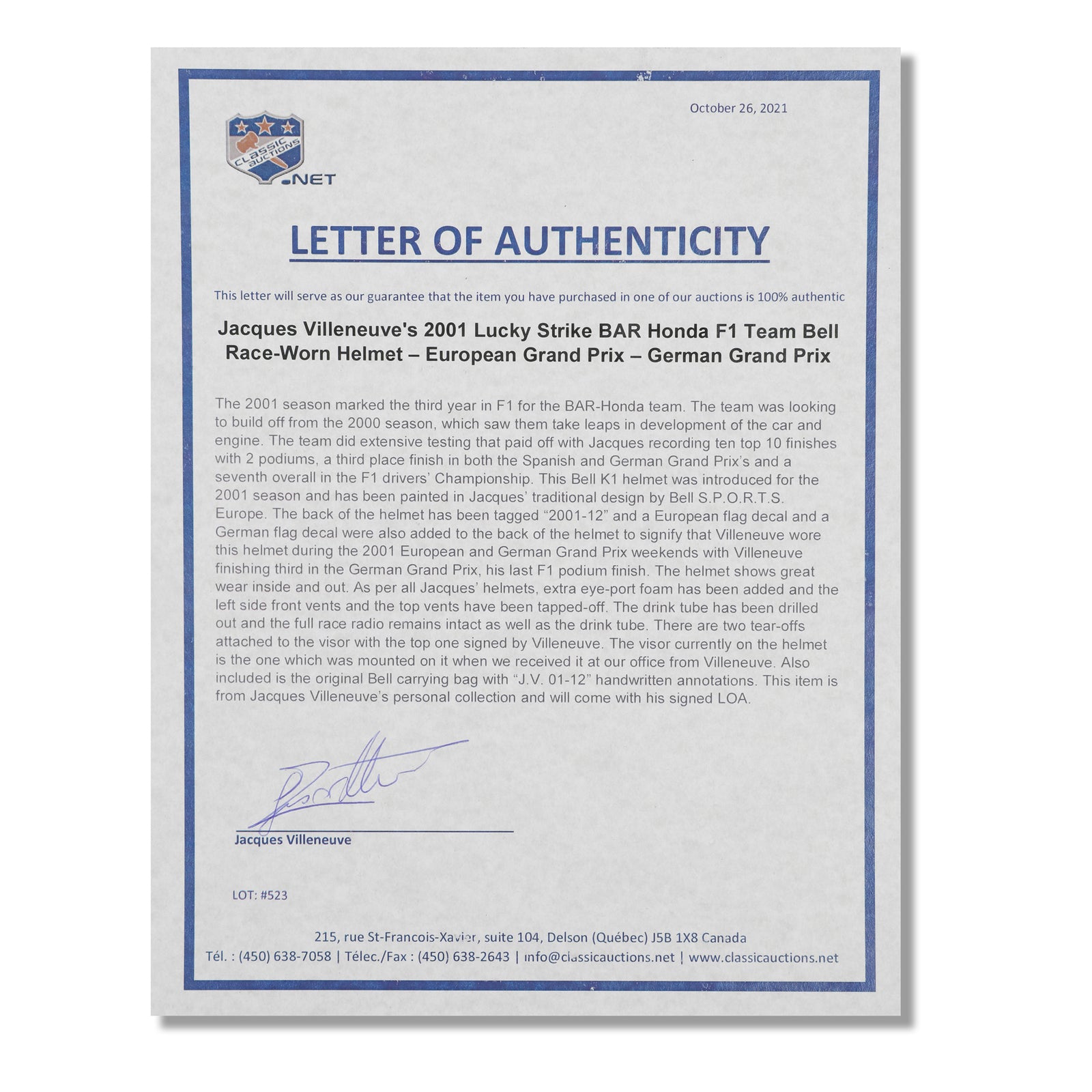 Season Launch LOT 405 - Jacques Villeneuve 2001 Signed BAR Helmet - German GP