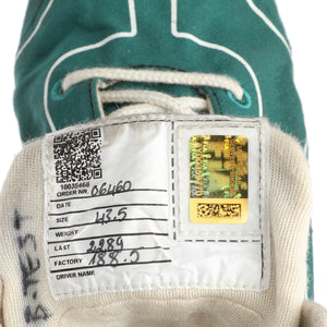 Authentic Lance Stroll 2025 Aston Martin Aramco Formula One Team race boots used during Pre-Season Testing, genuine Formula 1 collector piece