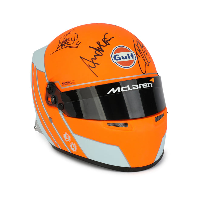 Miami Auction LOT 025 - Lando Norris 2021 McLaren 1:2 Scale Helmet - Lando Norris, Daniel Ricciardo, Zak Brown & Andreas Seidl Signed