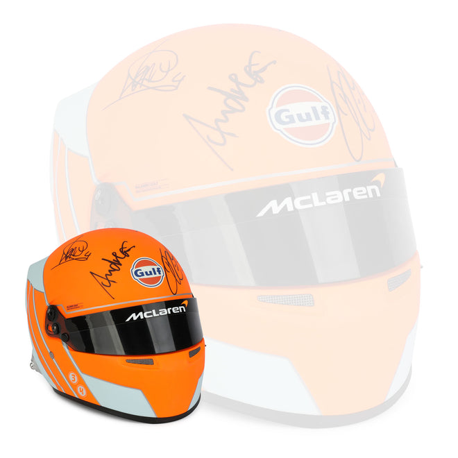 Miami Auction LOT 025 - Lando Norris 2021 McLaren 1:2 Scale Helmet - Lando Norris, Daniel Ricciardo, Zak Brown & Andreas Seidl Signed
