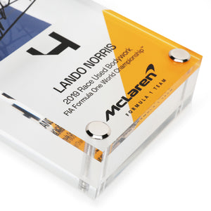 Close-up of Lando Norris 2019 Bodywork in Acrylic Formula 1 memorabilia detail