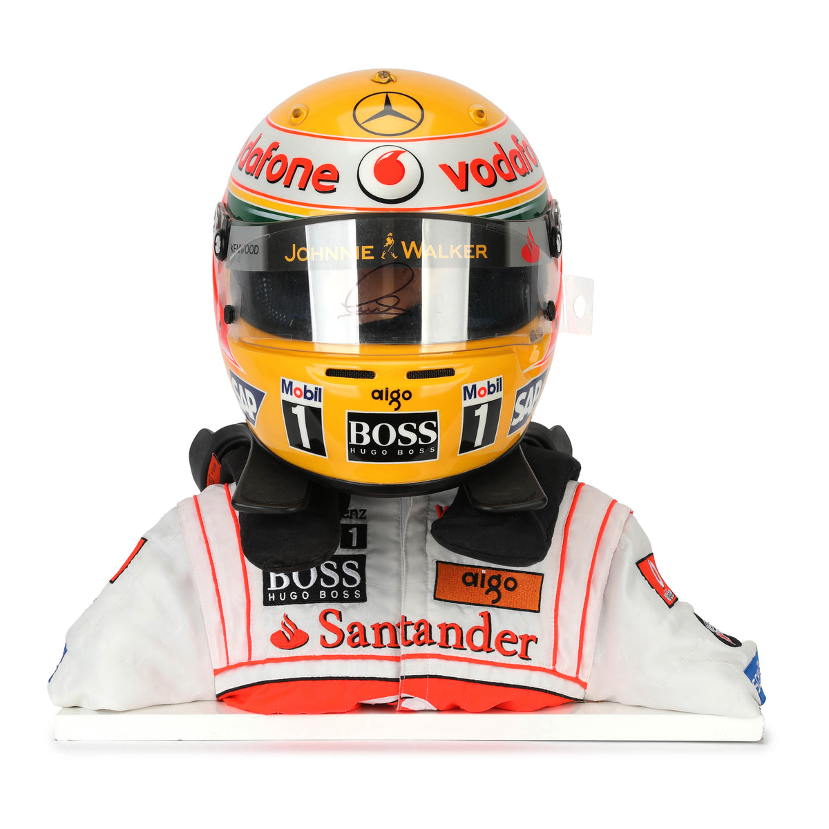 The Austin Auction LOT 062 - Lewis Hamilton 2008 First Championship Season Display Set - Includes Replica Helmet, Race Used Visor & Hans Device