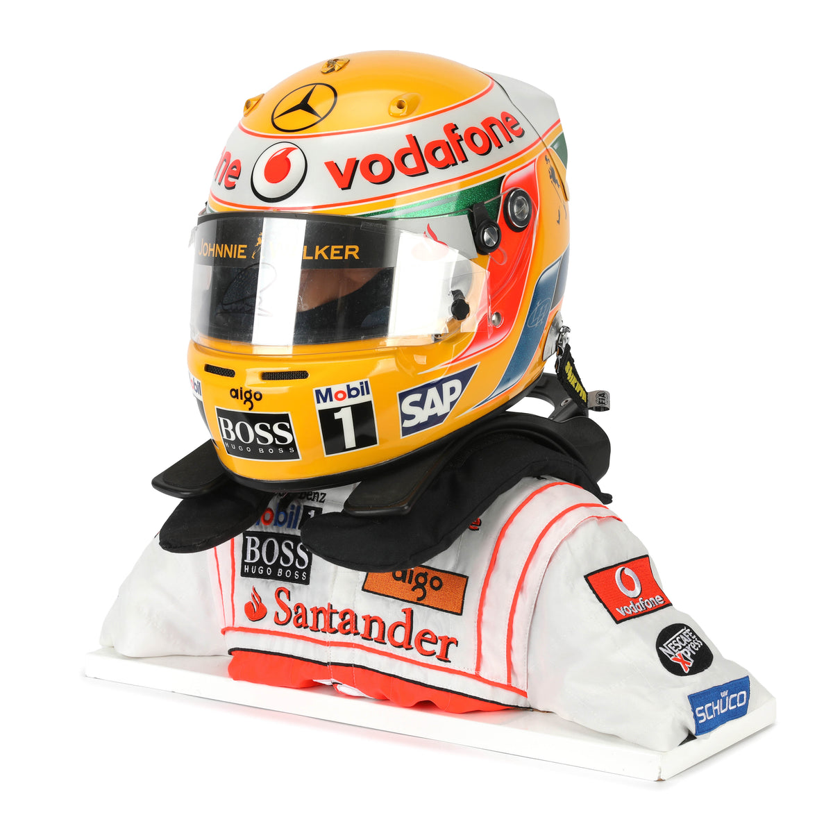 The Austin Auction LOT 062 - Lewis Hamilton 2008 First Championship Season Display Set - Includes Replica Helmet, Race Used Visor & Hans Device