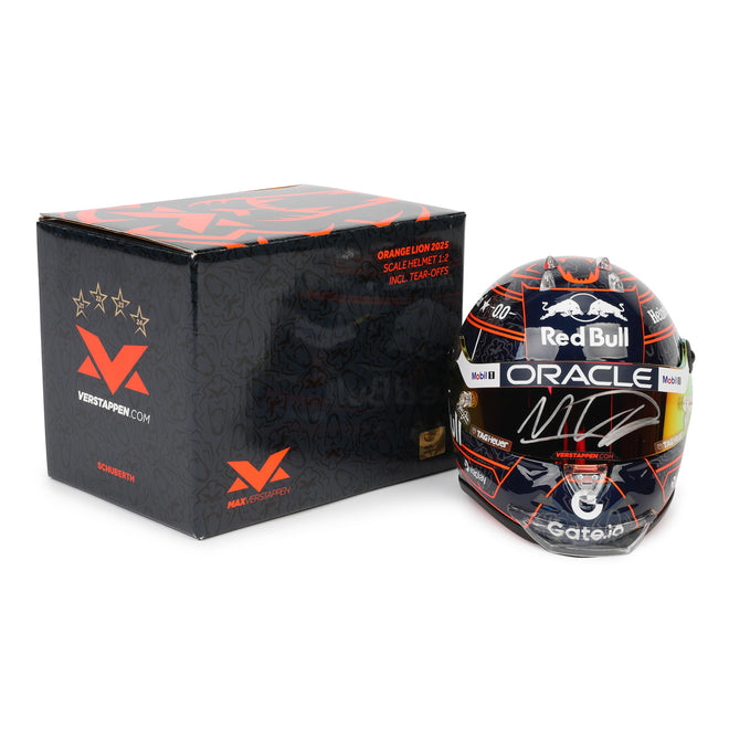 LOT 243 - Max Verstappen Signed 2025 Red Bull Racing Mini Helmet - Orange Lion