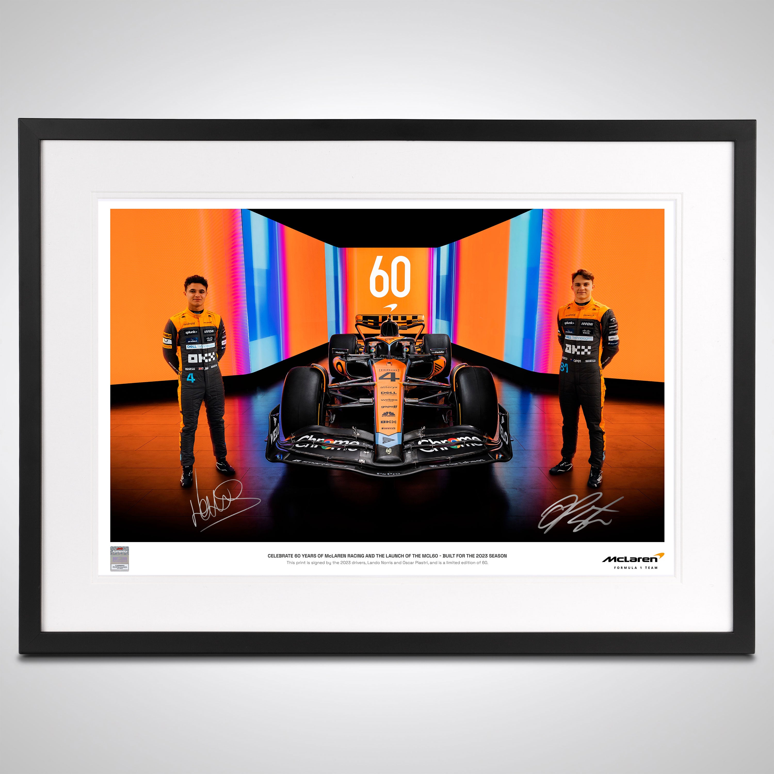 McLaren Dual Signed Lando Norris & Oscar Piastri 60th Anniversary MCL60 Photo
