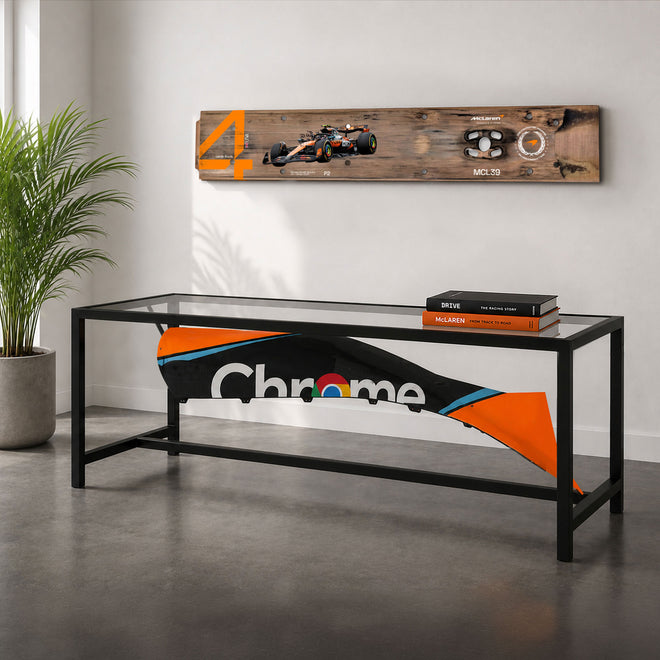 McLaren F1 Team 2023 MCL60 engine cover table crafted from an authentic Formula 1 engine cover premium motorsport display furniture