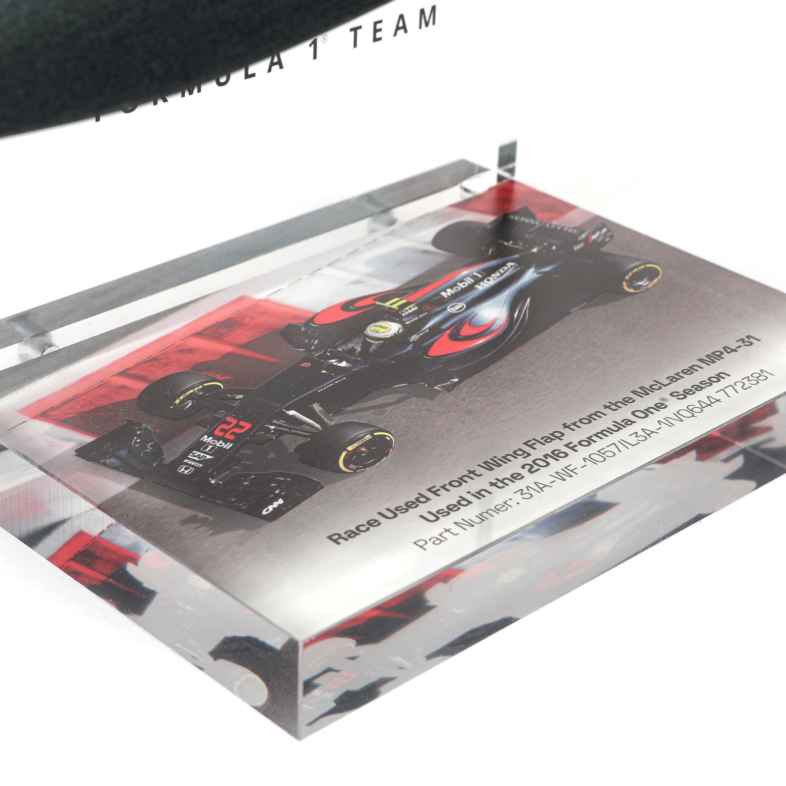 Auction LOT 013 - McLaren 2016 Left Front Wing Flap on Display Stand