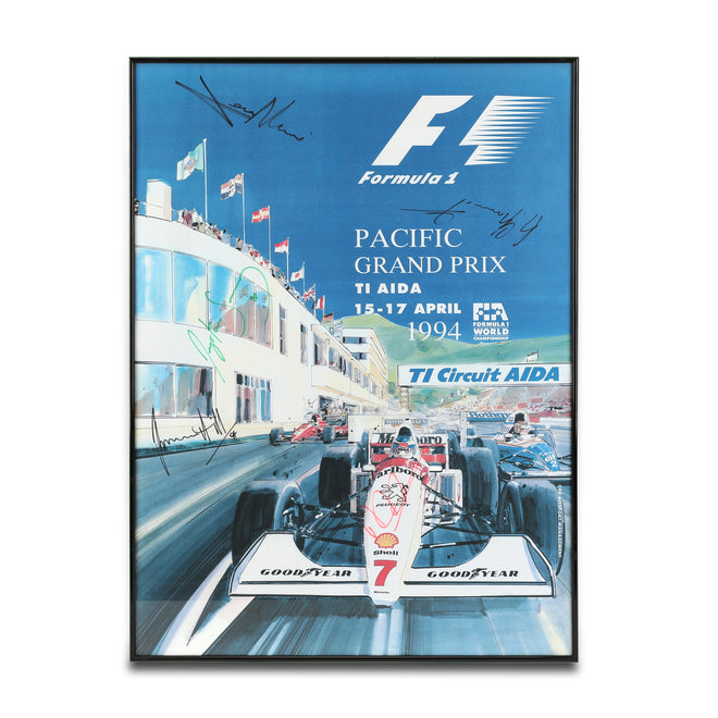 Miami Auction LOT 009 - Pacific Grand Prix Poster 1994- Senna, Schumacher, Hakkinen, Alesi & Hill Signed Framed