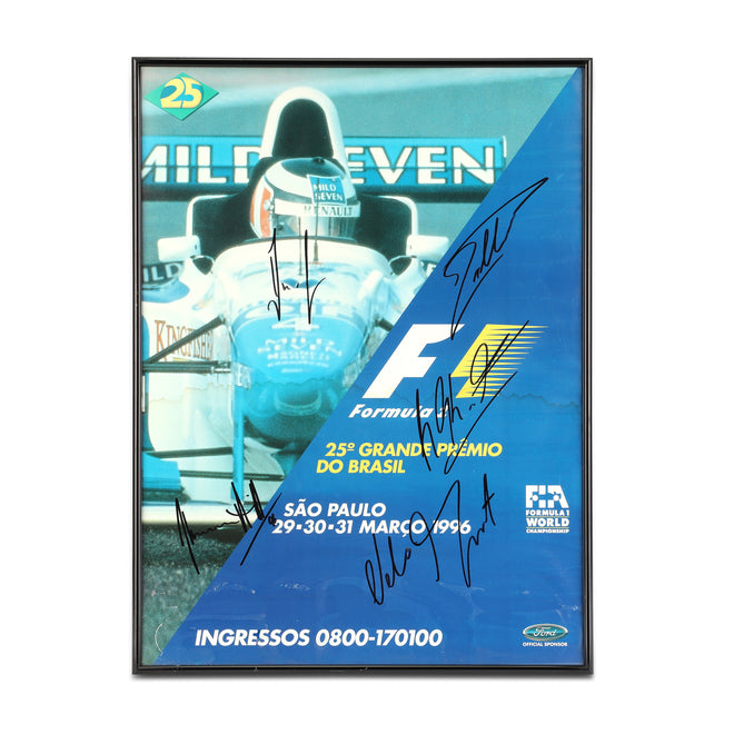 Miami Auction LOT 014 - Poster 1996 Brazil GP- Schumacher, Villeneuve, Piquet, Hill & Berger Signed Framed