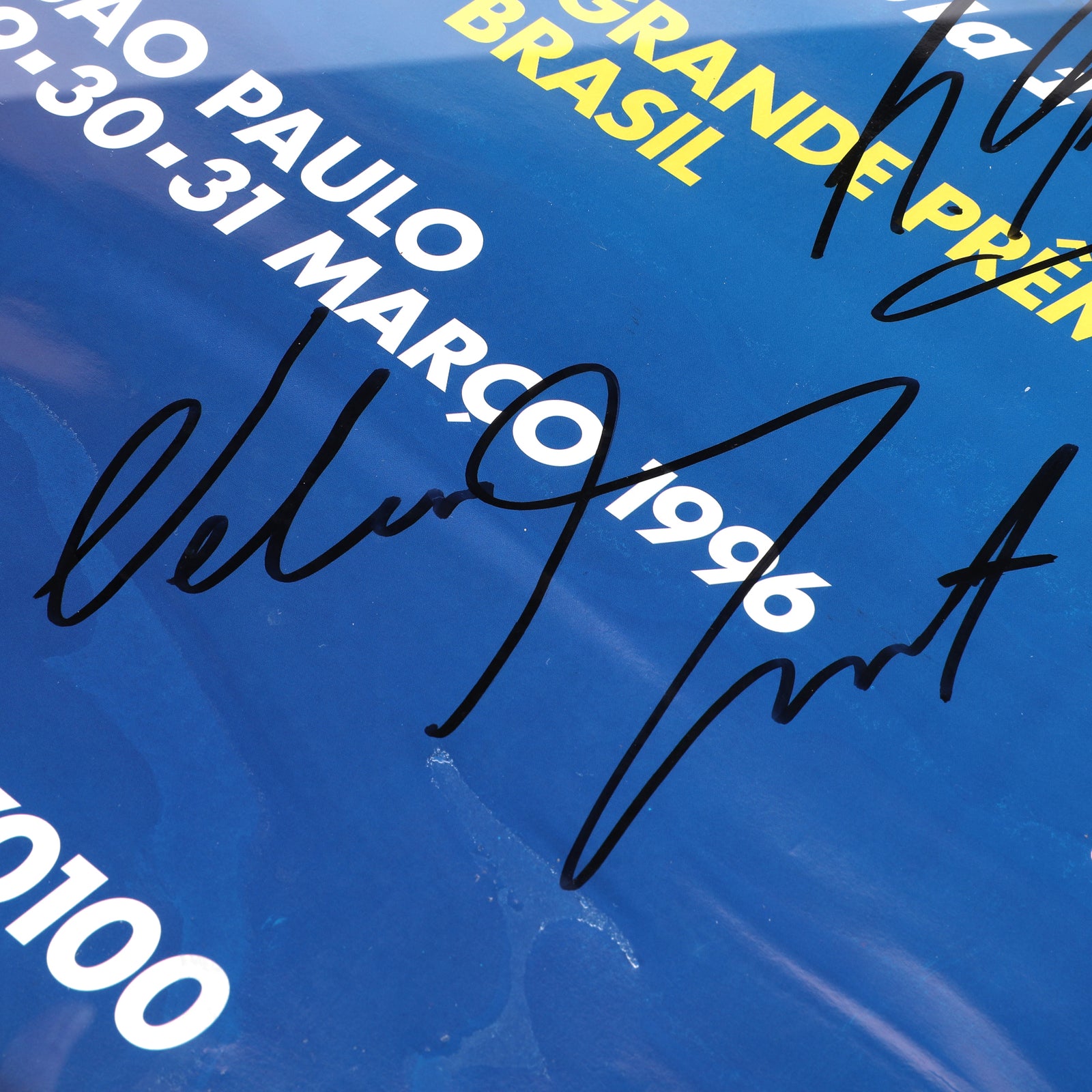 The Silverstone Auction LOT 022 - Poster 1996 Brazil GP- Schumacher, Villeneuve, Piquet, Hill & Berger Signed Framed
