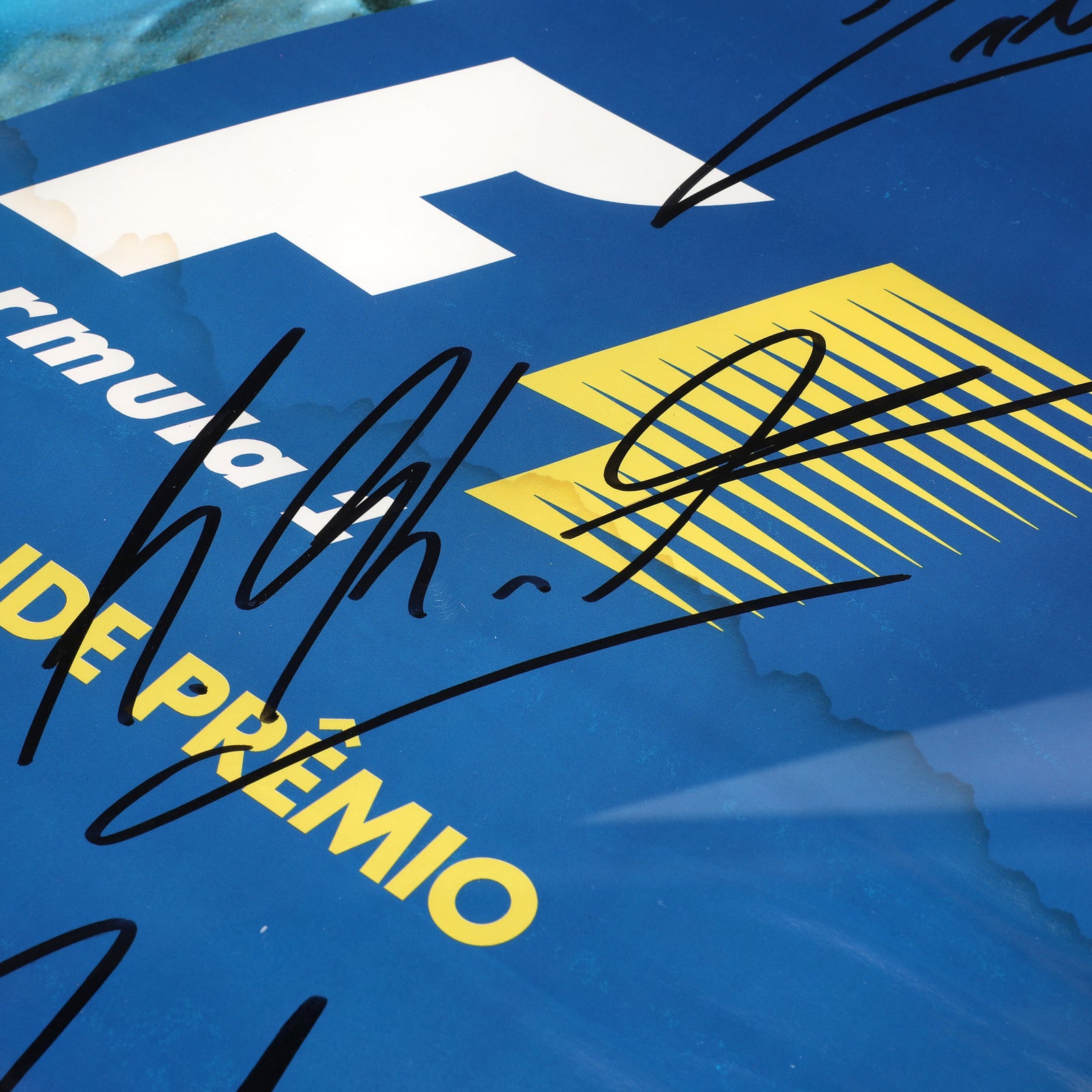 The Silverstone Auction LOT 022 - Poster 1996 Brazil GP- Schumacher, Villeneuve, Piquet, Hill & Berger Signed Framed