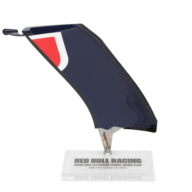 Red Bull Racing 2009 RB5 used left-hand front wing flap on display, authentic Formula 1 race-used bodywork and premium collector piece