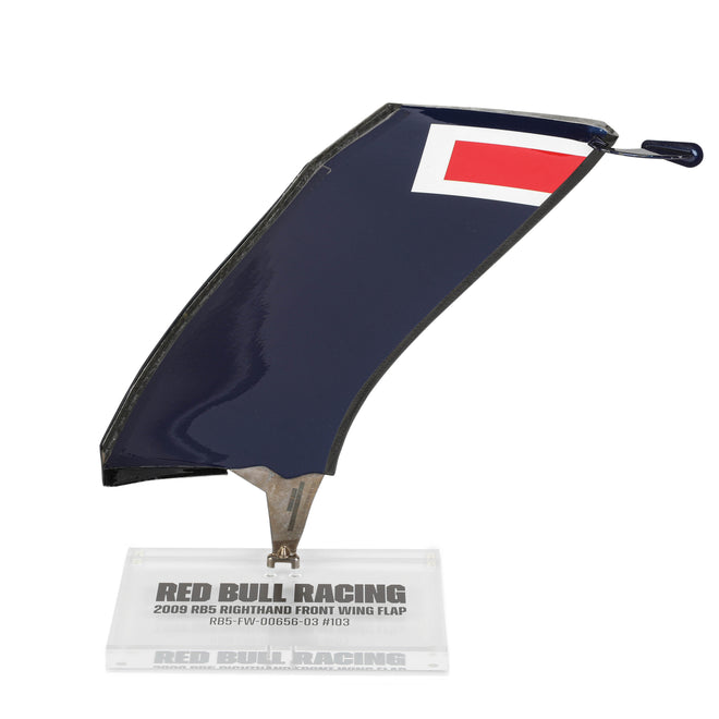 Red Bull Racing 2009 RB5 Grand Prix-used right-hand front wing flap on display, authentic Formula 1 bodywork and premium collector memorabilia