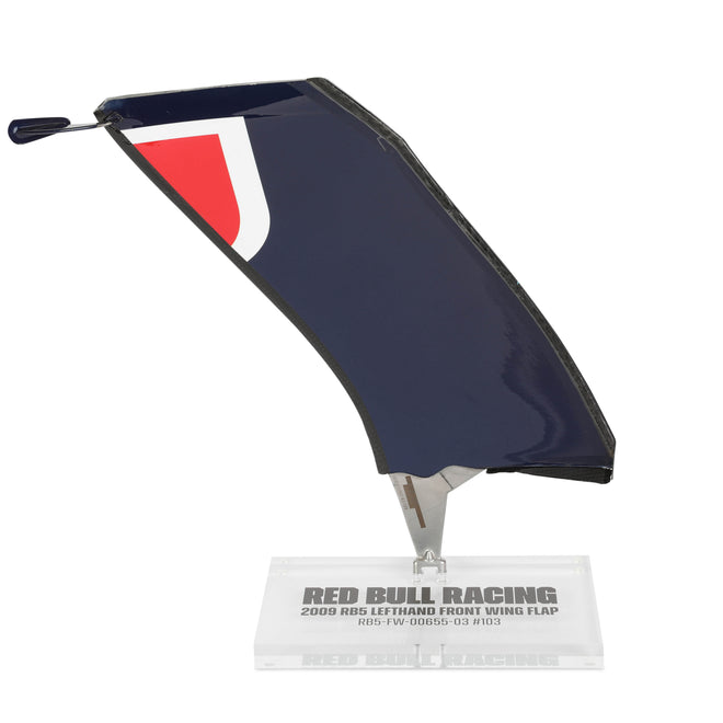 Red Bull Racing 2009 RB5 Grand Prix-used left-hand front wing flap on display, authentic Formula 1 bodywork and premium collector memorabilia