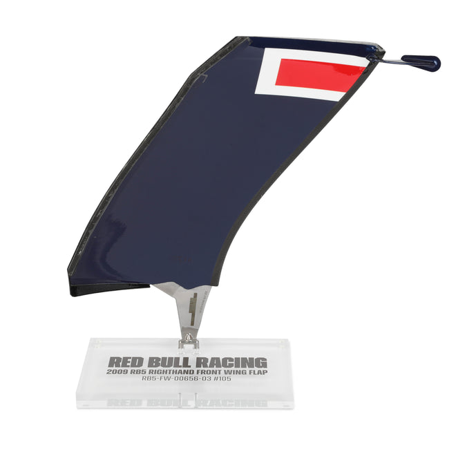 Red Bull Racing 2009 RB5 used right-hand front wing flap on display, authentic Formula 1 race-used bodywork and premium collector piece