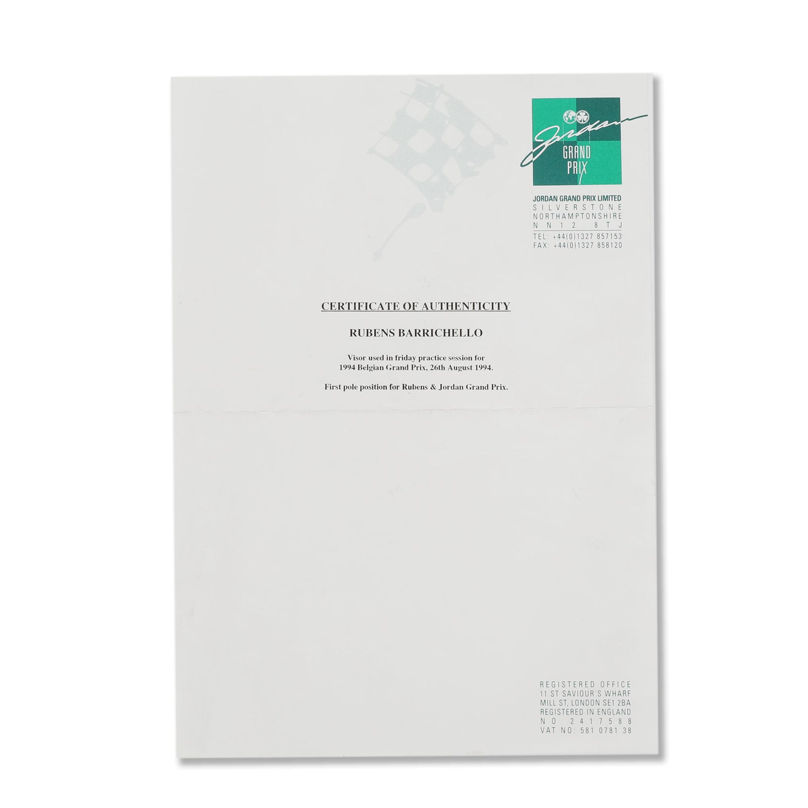 LOT 750 - Rubens Barichello Signed 1994 Sasol Jordan Grand Prix Used Helmet Visor - Belgian GP