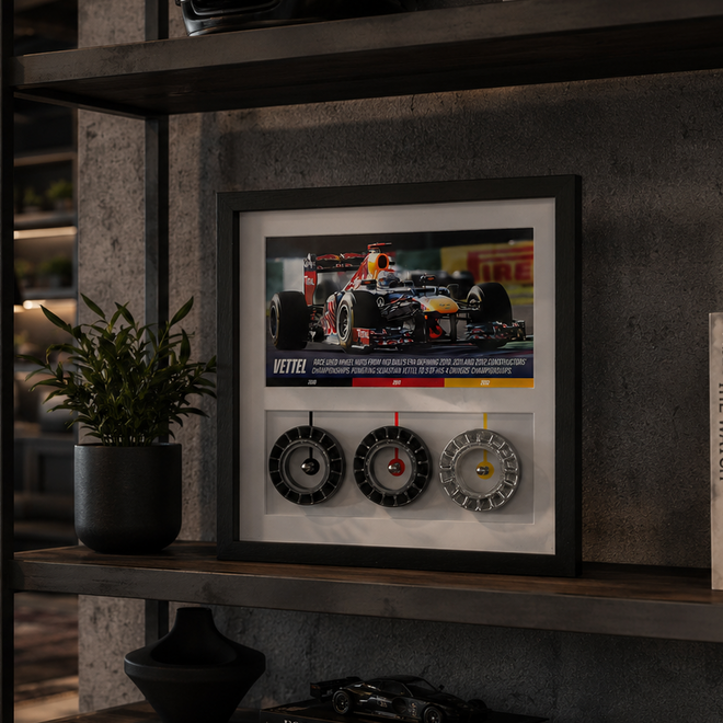 Auction LOT 025 - Sebastian Vettel Framed Grand Prix Used Red Bull Racing Wheel Nuts