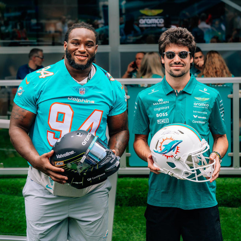 Aston Martin Aramco Formula One™ Team x Miami Dolphins - Lance Stroll Signed Helmet and Jordan Phillips Signed Football Helmet, presented by Atlas Air Worldwide