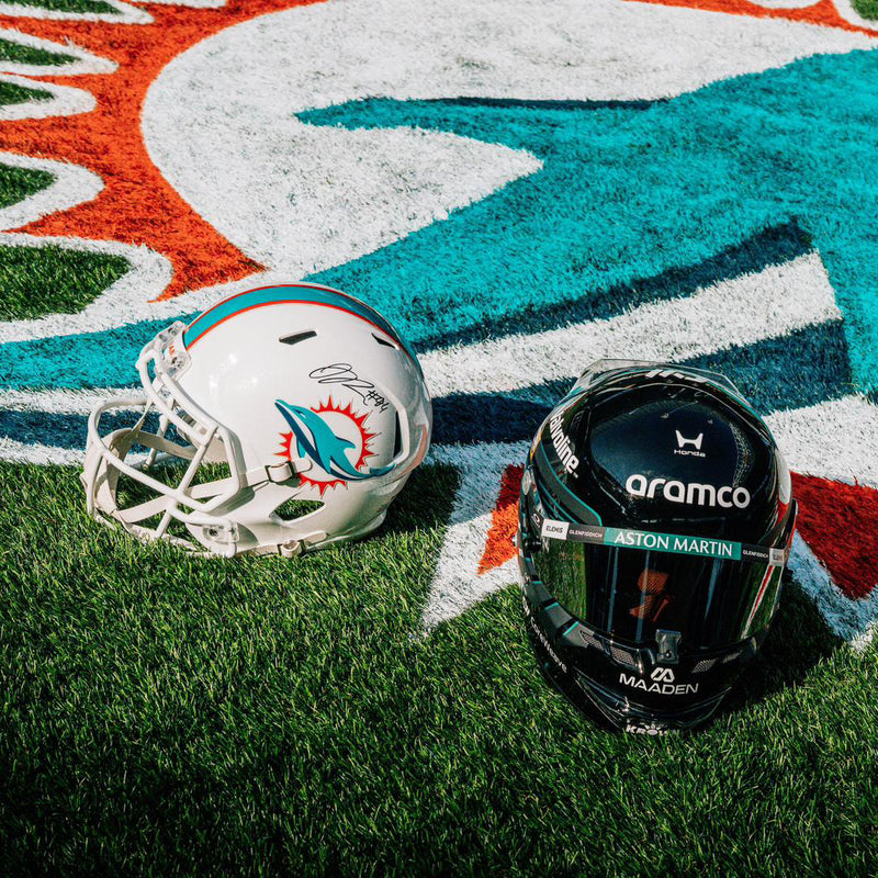 Aston Martin Aramco Formula One™ Team x Miami Dolphins - Lance Stroll Signed Helmet and Jordan Phillips Signed Football Helmet, presented by Atlas Air Worldwide
