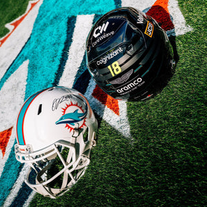 Aston Martin Aramco Formula One™ Team x Miami Dolphins - Lance Stroll Signed Helmet and Jordan Phillips Signed Football Helmet, presented by Atlas Air Worldwide