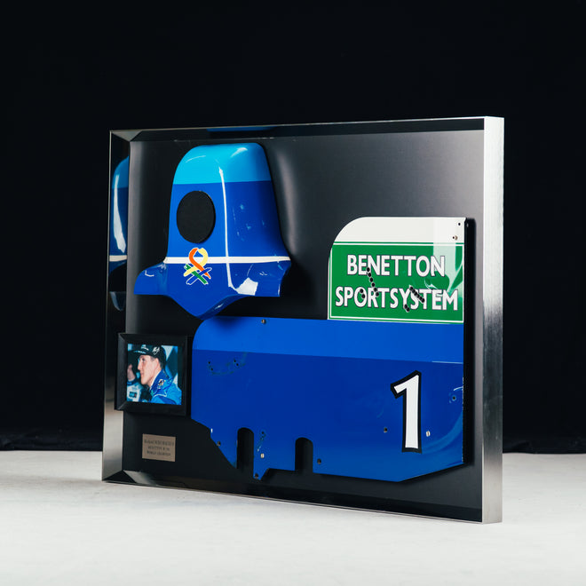 Miami Auction LOT 016 - Michael Schumacher 1995 Benetton B195 Head Rest & Rear Wing Right-Hand Endplate –  Signed Framed